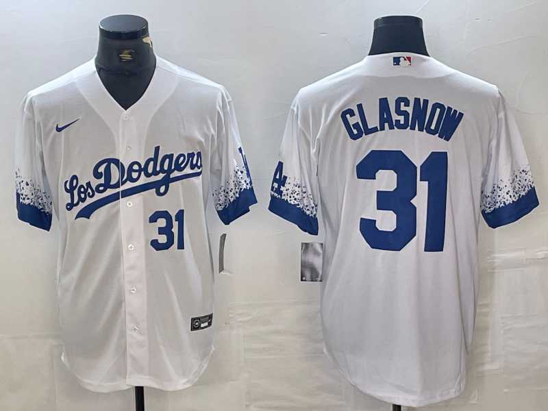 Mens Los Angeles Dodgers #31 Tyler Glasnow Number White 2021 City Connect Cool Base Stitched Jersey